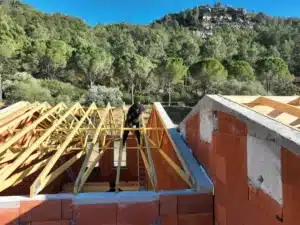 Construction de toiture en bois sur un bâtiment en briques, avec un ouvrier et un paysage naturel en arrière-plan.